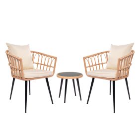 3 Piece Patio Bistro Set with Side Table, Outdoor PE Rattan Conversation Chair Set,Furniture of Coffee Table with Glass Top,Cushions & Lumbar Pillows